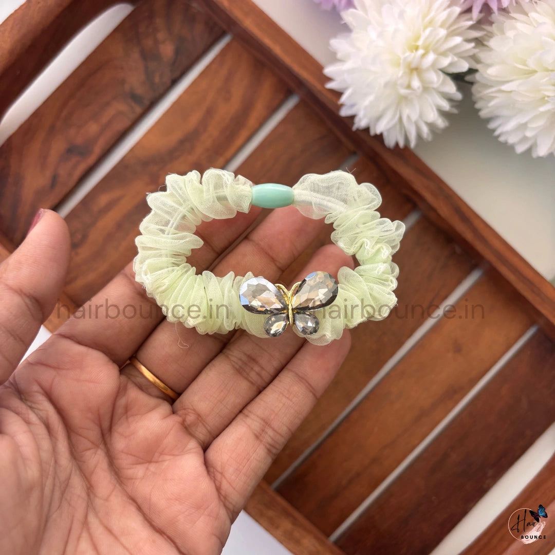 Crystal Butterfly Organza Scrunchie – Premium Pastel Hair Tie