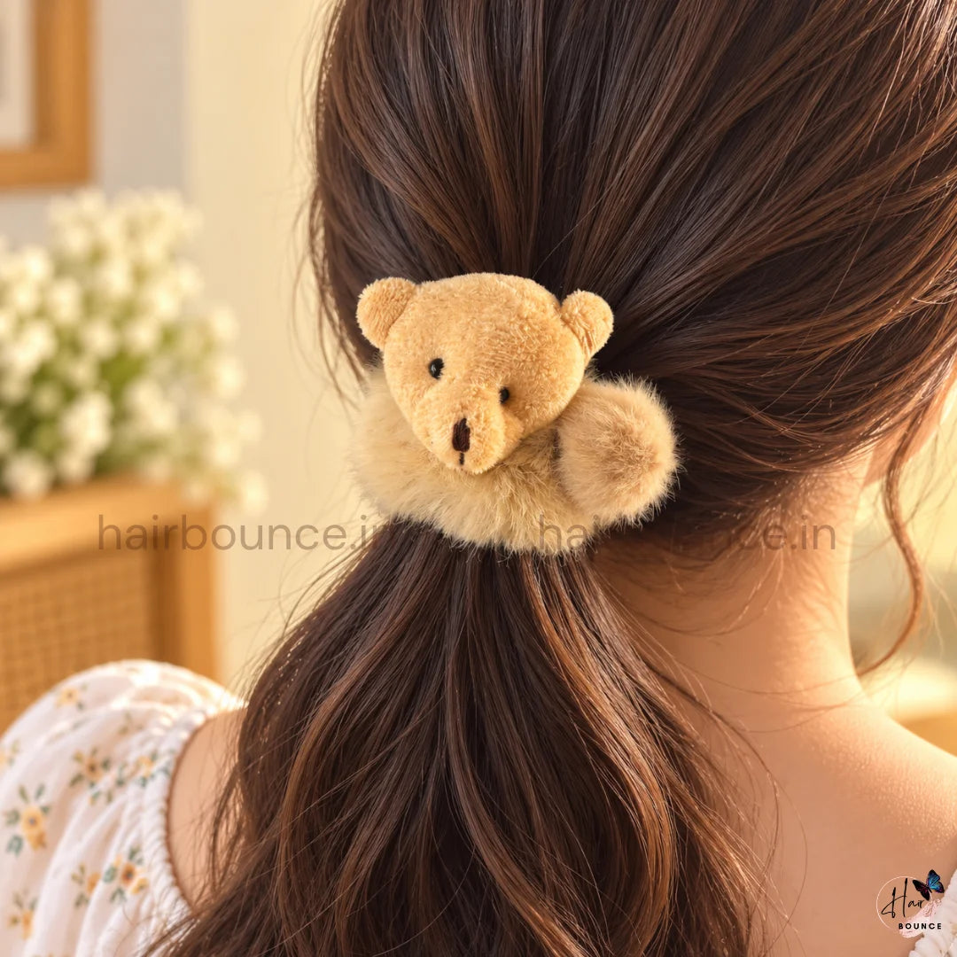 Cute Teddy Bear Fluffy Hair Scrunchie with Pom Pom