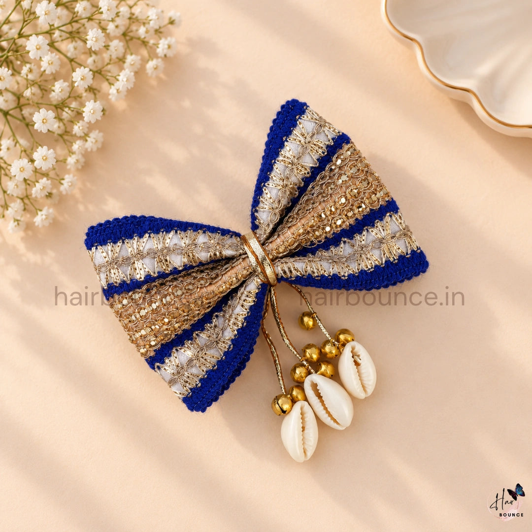 Handmade Royal Navaratri Traditional Bow Hair Clip with Cowrie Shell Tassels