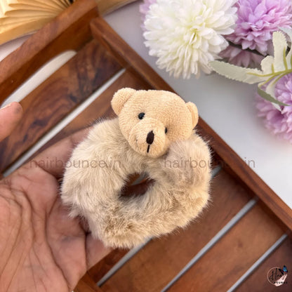 Cute Teddy Bear Fluffy Hair Scrunchie with Pom Pom