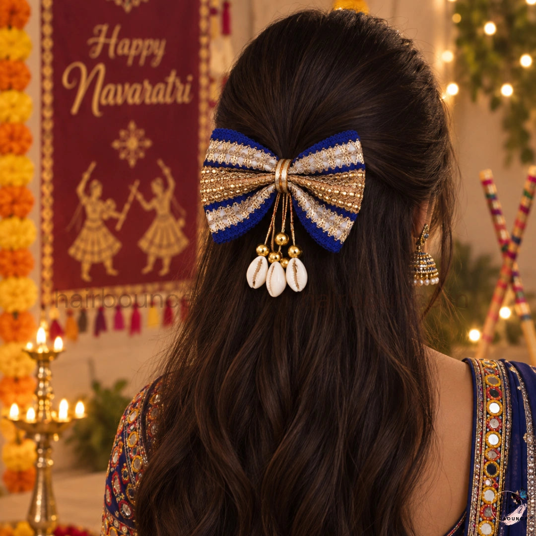 Handmade Royal Navaratri Traditional Bow Hair Clip with Cowrie Shell Tassels