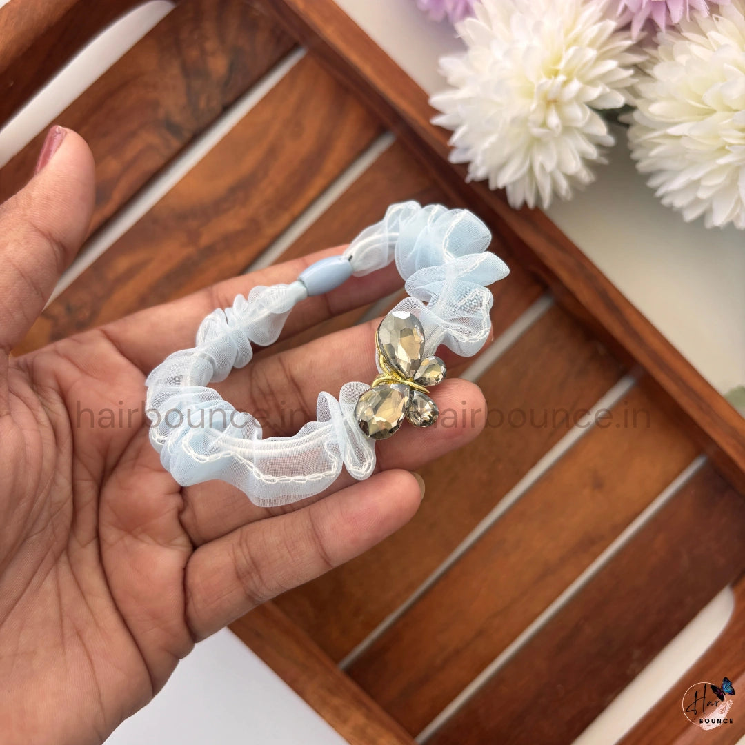 Crystal Butterfly Organza Scrunchie – Premium Pastel Hair Tie