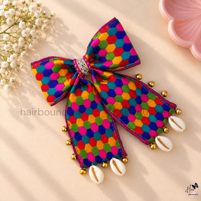 Handmade Navaratri Multicolour Traditional Bow Hair Clip with Cowrie Shells