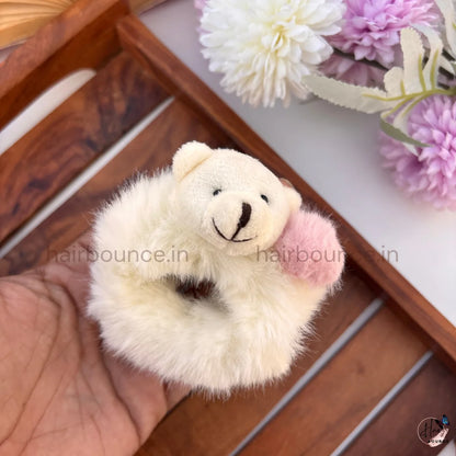 Cute Teddy Bear Fluffy Hair Scrunchie with Pom Pom