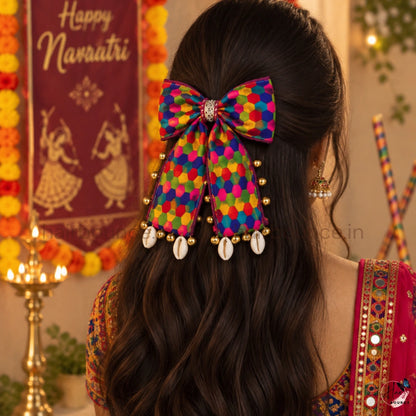 Handmade Navaratri Multicolour Traditional Bow Hair Clip with Cowrie Shells