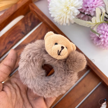 Cute Teddy Bear Fluffy Hair Scrunchie with Pom Pom