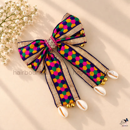 Handmade Navaratri Multicolour Bow Hair Clip with Golden Border & Cowrie Shells