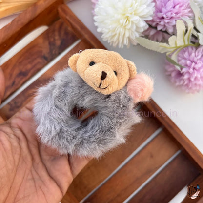 Cute Teddy Bear Fluffy Hair Scrunchie with Pom Pom