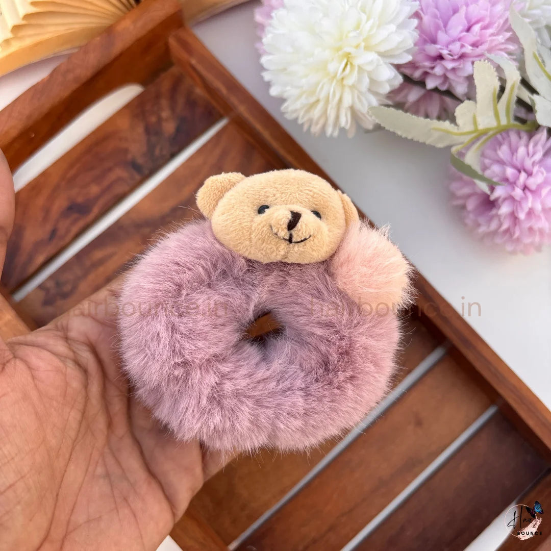Cute Teddy Bear Fluffy Hair Scrunchie with Pom Pom