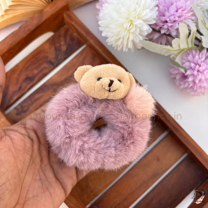 Cute Teddy Bear Fluffy Hair Scrunchie with Pom Pom