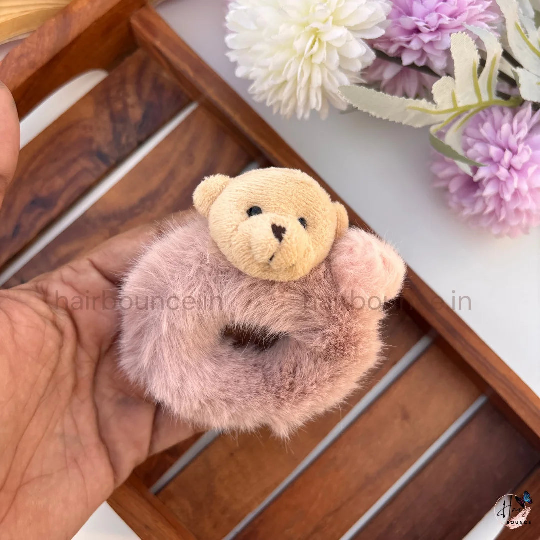 Cute Teddy Bear Fluffy Hair Scrunchie with Pom Pom