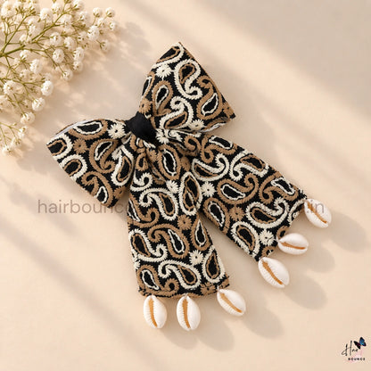 Handmade Navaratri Black Paisley Bow Hair Clip with Cowrie Shells