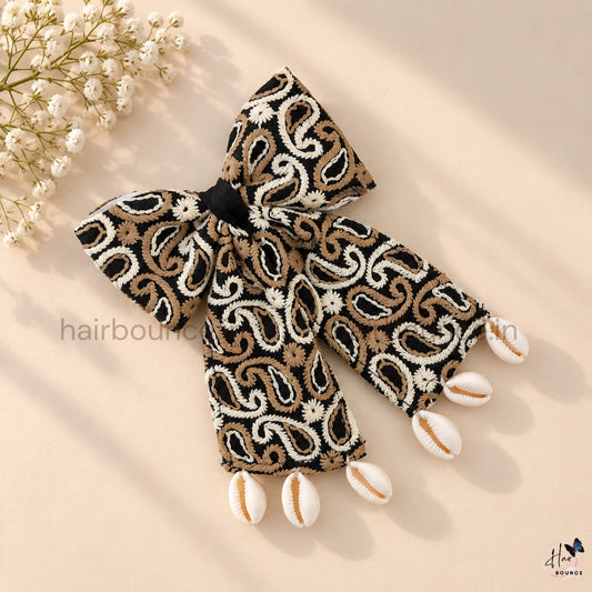 Handmade Navaratri Black Paisley Bow Hair Clip with Cowrie Shells