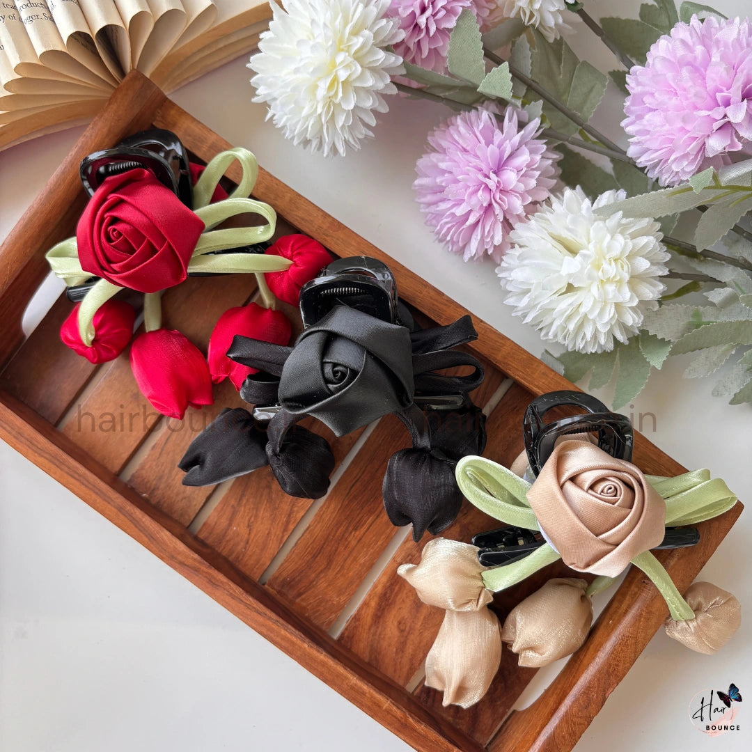 Royal Ribbon Rose Drop Hair Claw – Luxury Satin Flower Hanging Hair Claw