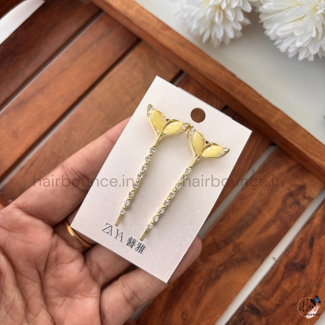 Elegant Leaf Crystal Hair Pins – Gold Rhinestone Leaf Hair Clips (Set of 2)