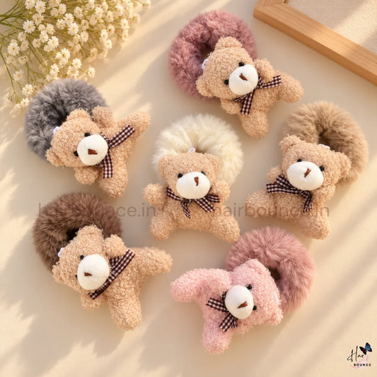 Cute 3D Teddy Bear Fluffy Hair Scrunchie with Checkered Bow