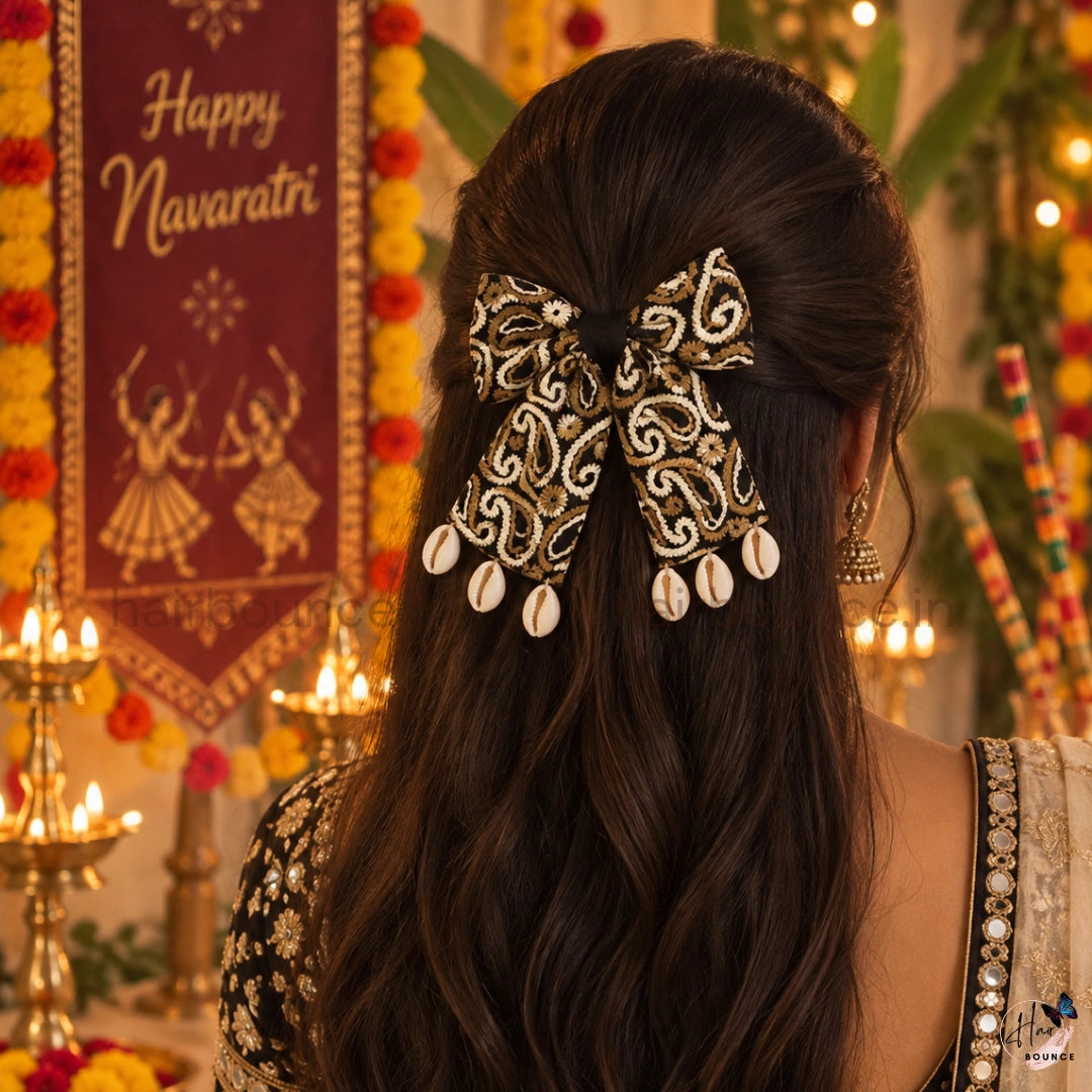 Handmade Navaratri Black Paisley Bow Hair Clip with Cowrie Shells