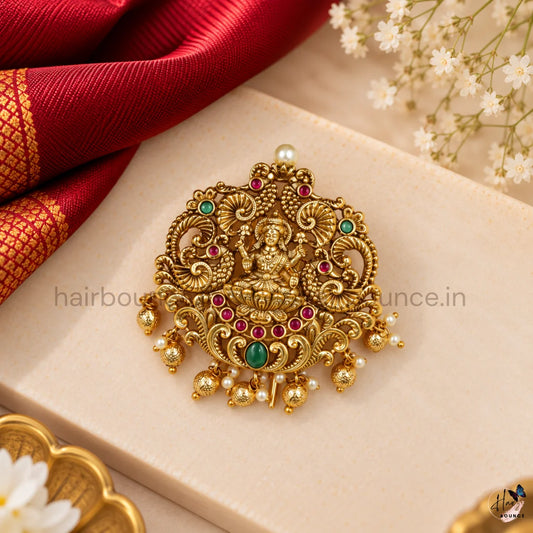 Premium Goddess Lakshmi Peacock Temple Hair Brooch with Golden Pearl Hangings