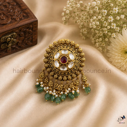Royal Kundan Jada Billa with Green Beads & Pearl Hangings