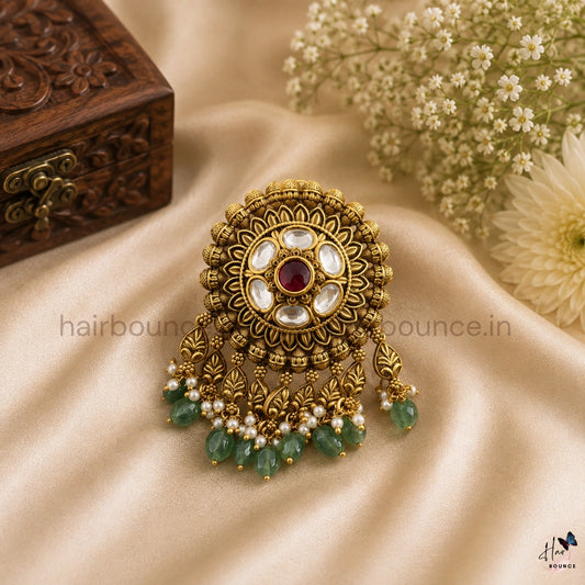 Royal Kundan Jada Billa with Green Beads & Pearl Hangings