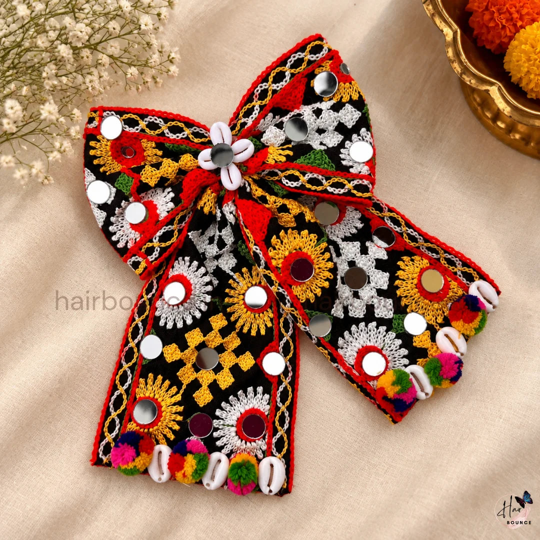 Navaratri Black Mirror Work Embroidered Hair Bow with Cowrie Shells
