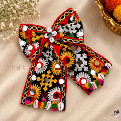 Navaratri Black Mirror Work Embroidered Hair Bow with Cowrie Shells