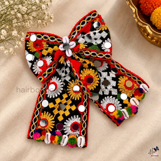 Navaratri Black Mirror Work Embroidered Hair Bow with Cowrie Shells