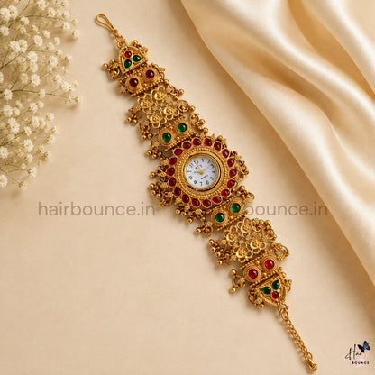Antique Gold Kemp Red & Green Stone Temple Jewellery Watch