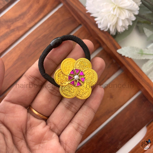 Magenta Kundan Floral Hair Tie