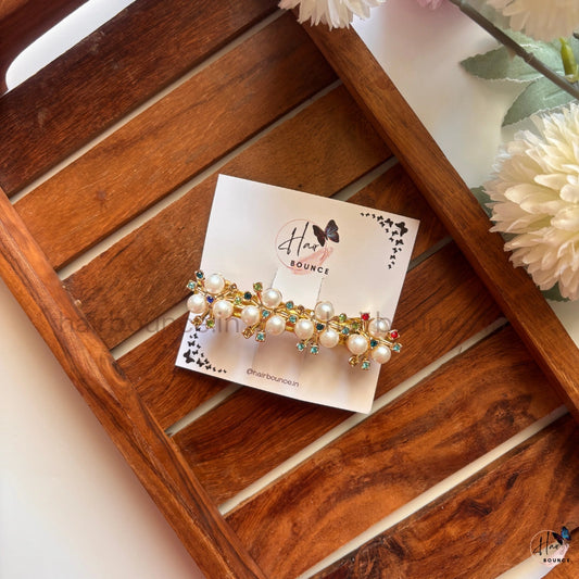 Royal Pearl Bloom Center Hair Clip – Gold with Multicolor Stones