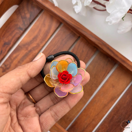 Rainbow Bloom Floral Ponytail Hair Tie with Red Rose Accent
