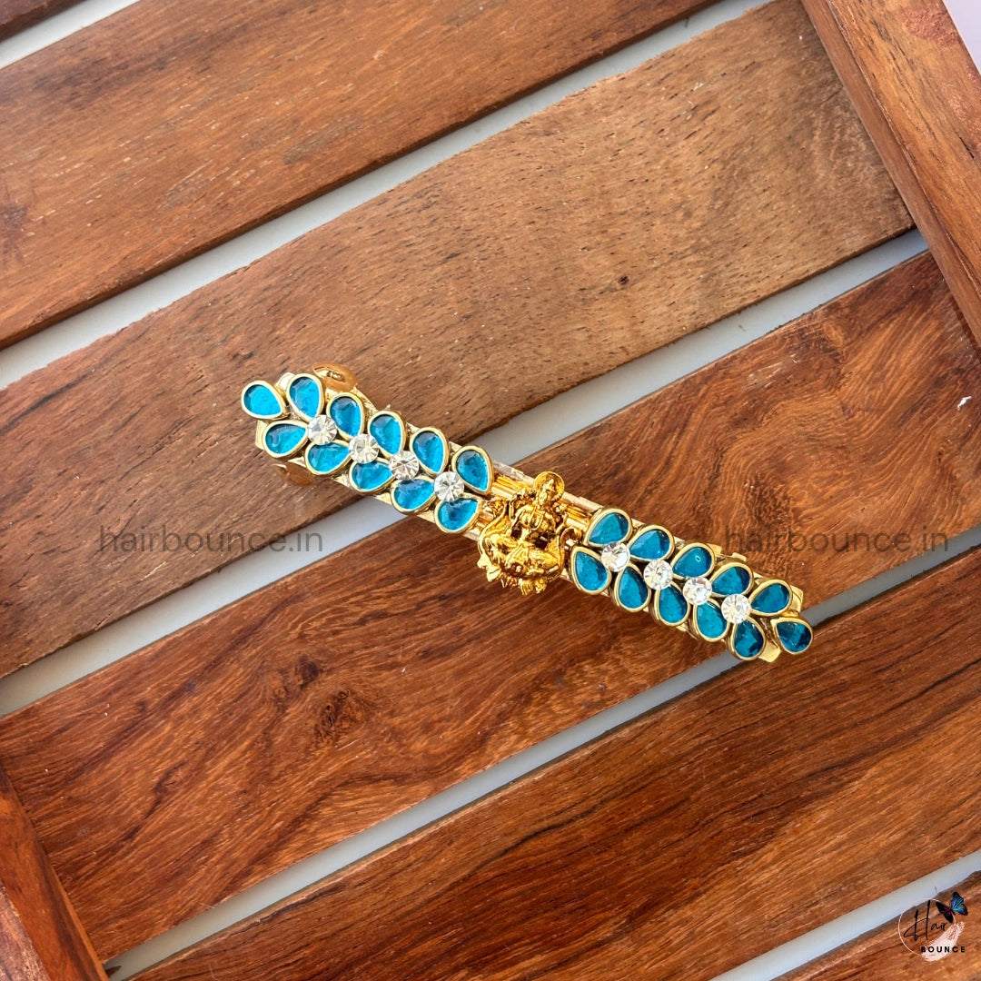 Teal Bloom Kundan Hair Barrette