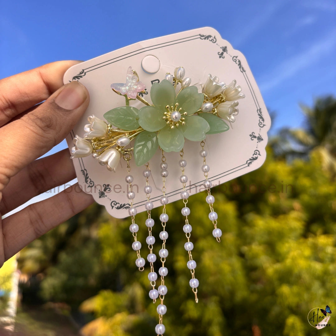Pearl Jasmine Blossom Tassel Hair Clip with Dangling Chains
