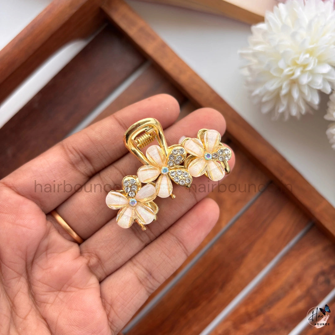 Gold Finish Premium Pearl Floral Metal Hair Claw – Medium