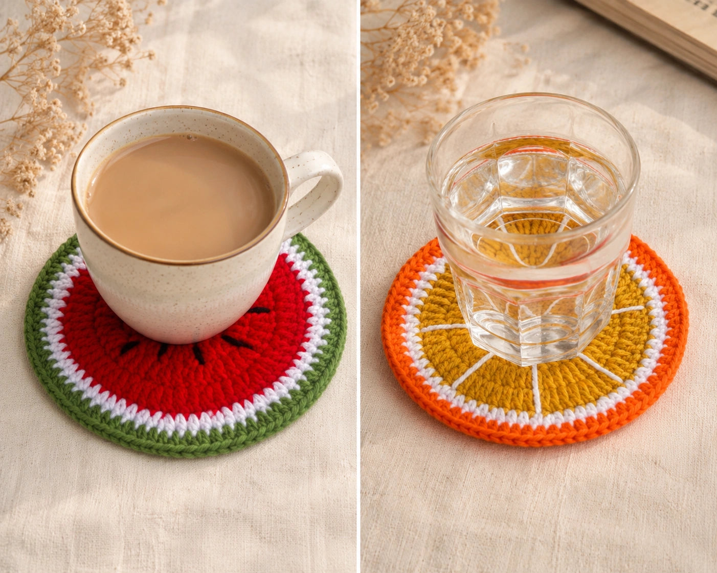 Handmade Crochet Fruit Coaster Set – Watermelon & Orange Knitted Drink Coasters for Home Décor (2 Designs)