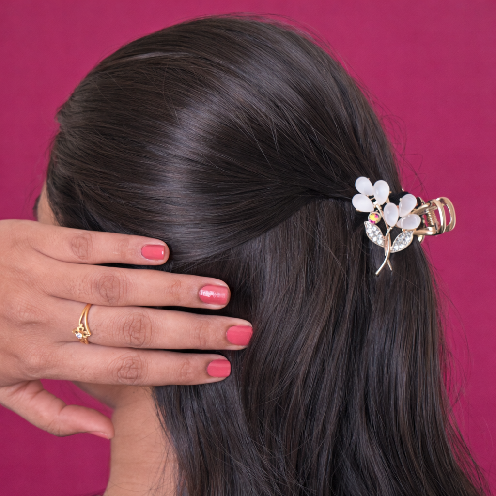 Rose Gold Premium Pearl Leaf Metal Hair Claw – Medium