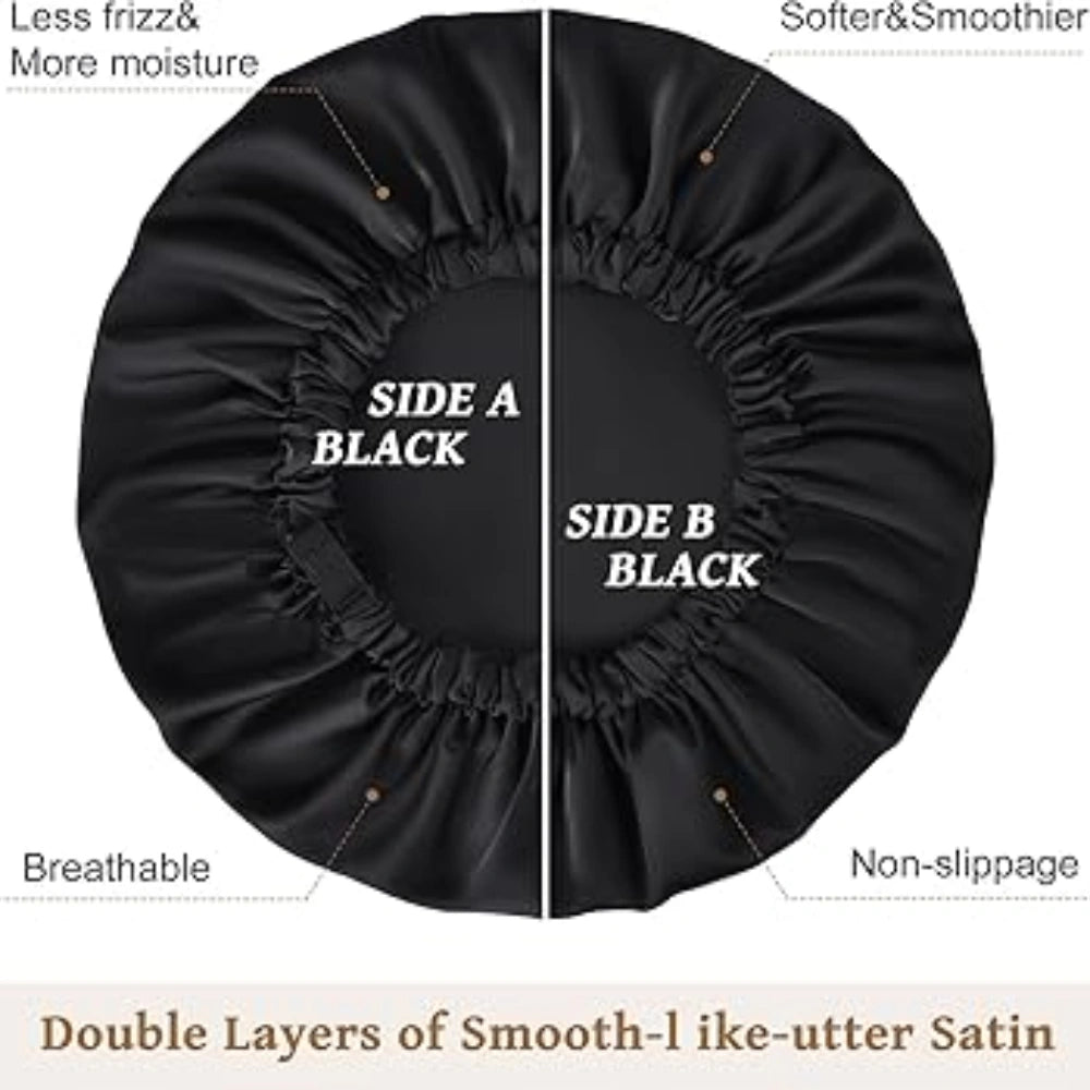 Large Satin Bonnet Sleep Cap for Women - Black