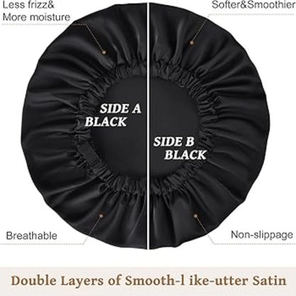 Large Satin Bonnet Sleep Cap for Women - Black