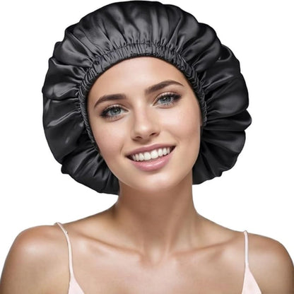 Large Satin Bonnet Sleep Cap for Women - Black
