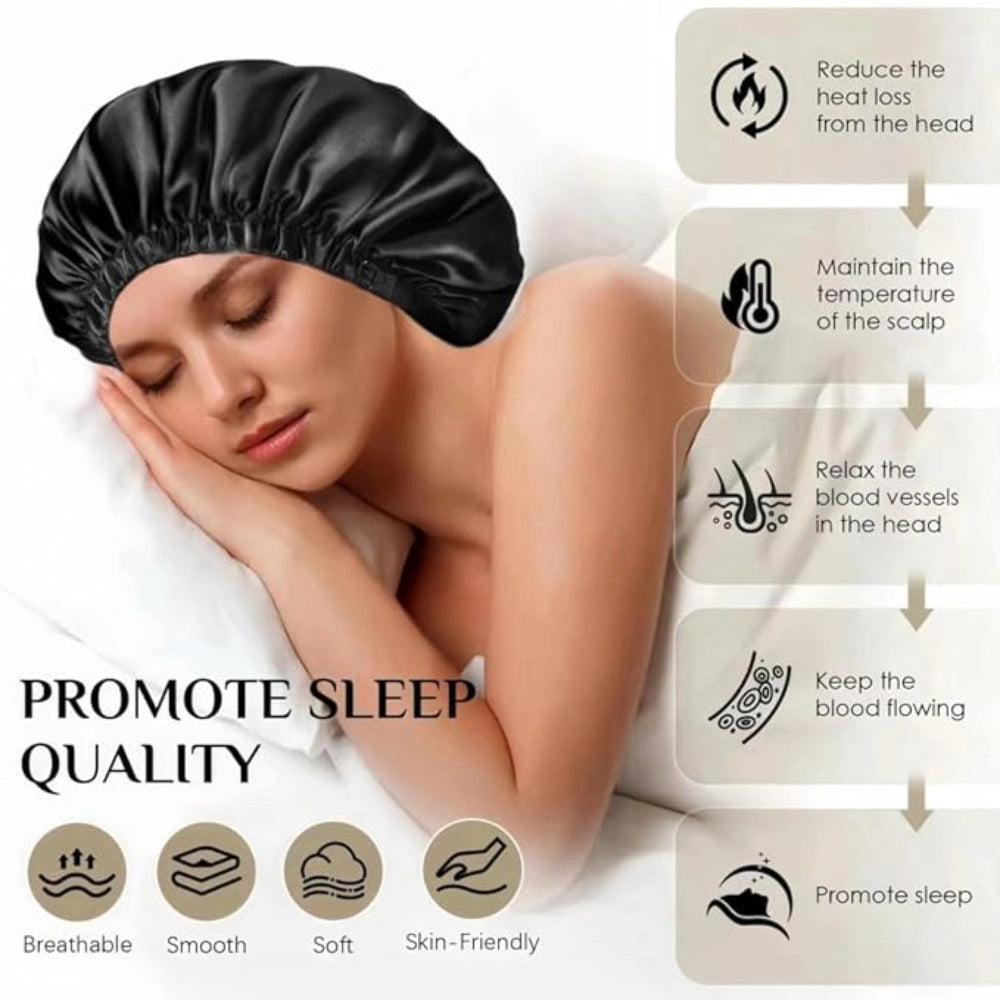 Large Satin Bonnet Sleep Cap for Women - Black
