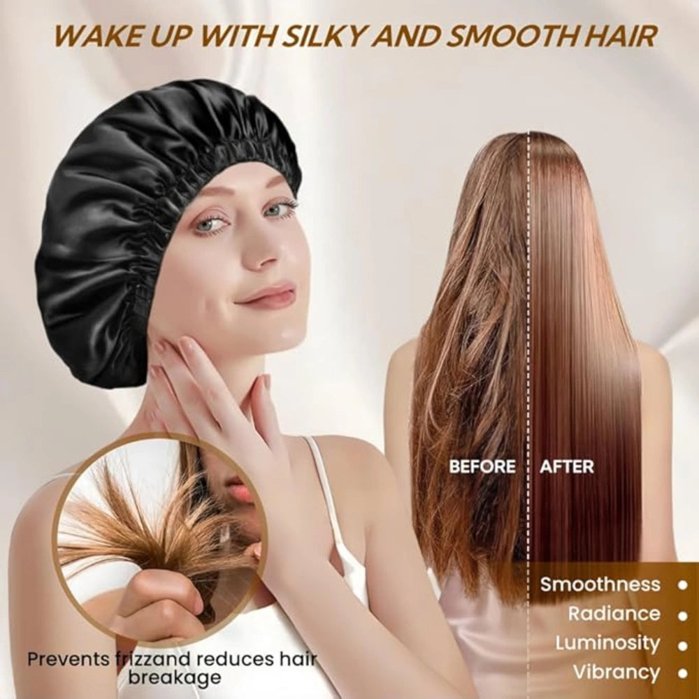 Large Satin Bonnet Sleep Cap for Women - Black