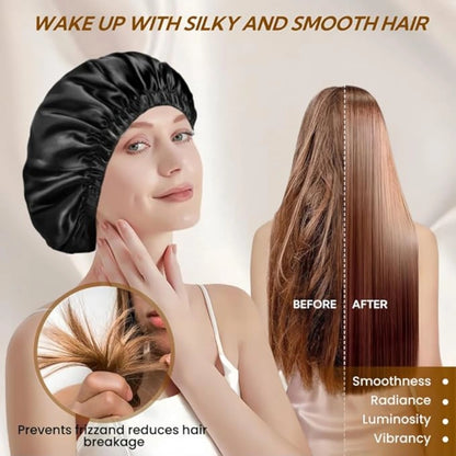 Large Satin Bonnet Sleep Cap for Women - Black