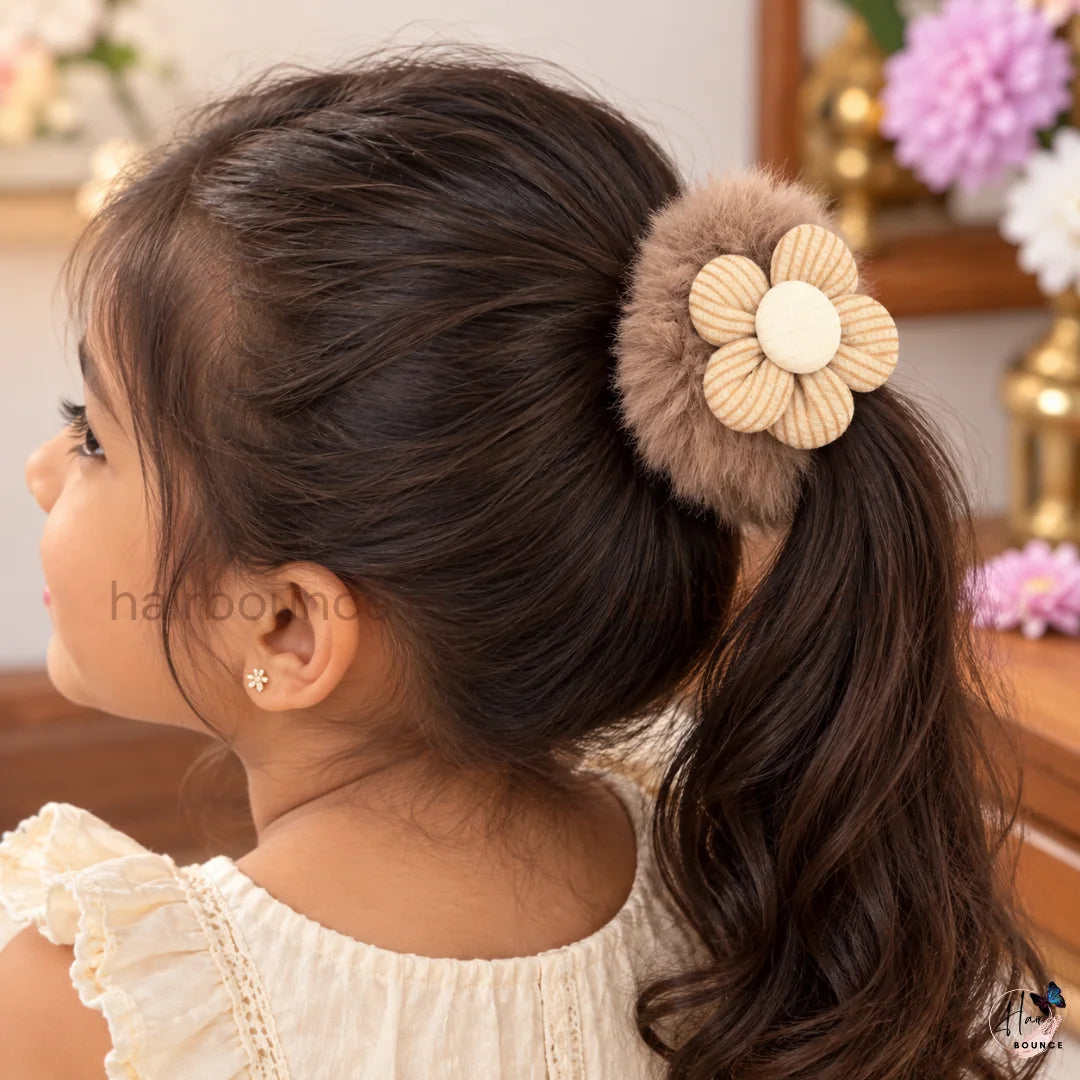 Bloom Fluff Fur Scrunchie | Soft Plush Floral Hair Scrunchie for Women & Girls
