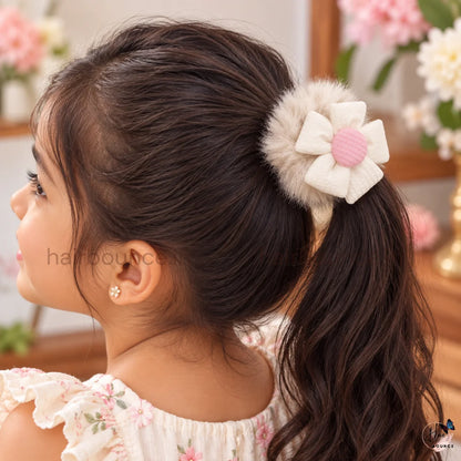 Fluffy Daisy Fur Scrunchie | Soft Plush Floral Hair Tie for Women & Girls
