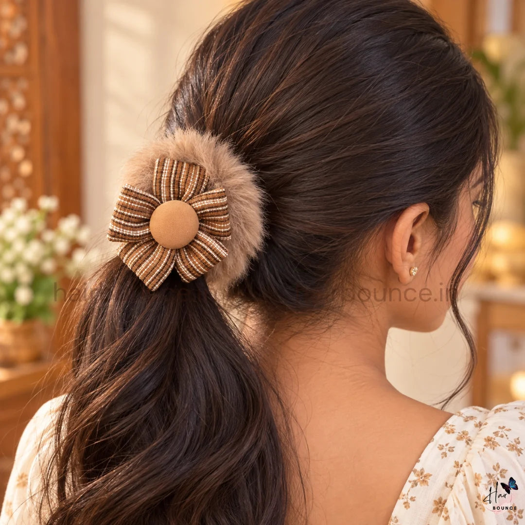Cozy Bloom Fur Scrunchie | Soft Plush Floral Hair Scrunchie for Women & Girls