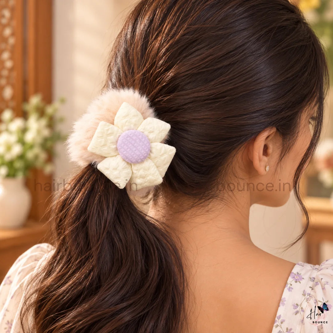 Petal Puff Fur Scrunchie | Soft Plush Floral Hair Scrunchie for Women & Girls