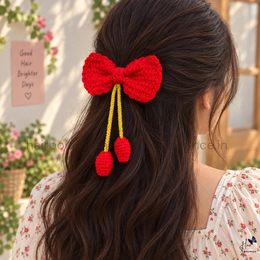 Handmade Crochet Bow Hair Tie with Dangling Charms – Red