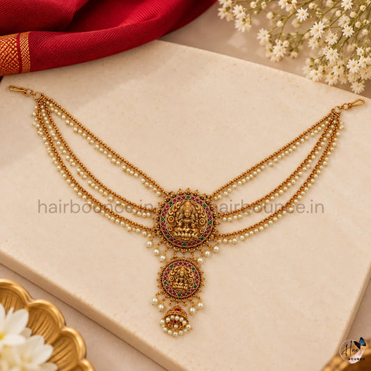 Premium Traditional Lakshmi Kemp Jada Billa with Pearl Earchain