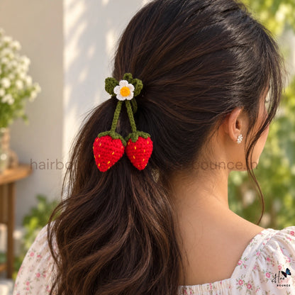Handmade Crochet Strawberry Hair Tie with Daisy Flower