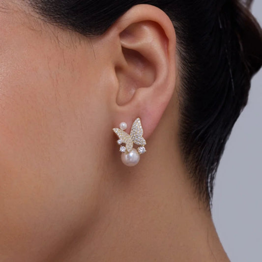 Butterfly pearl stud earrings